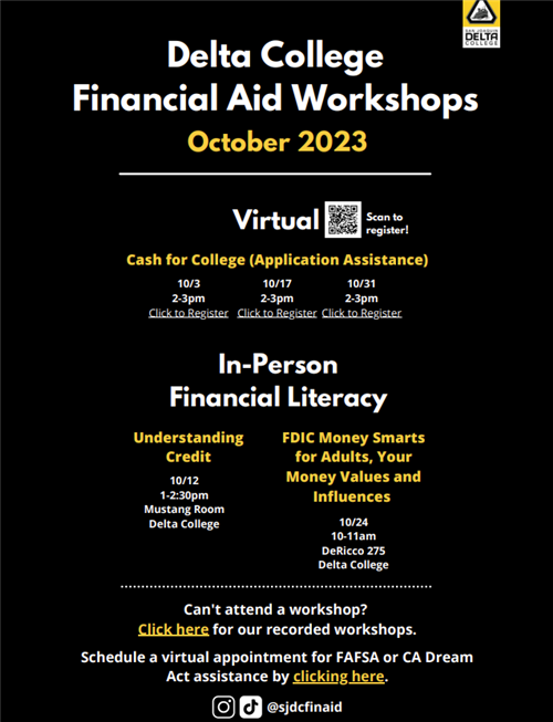 Delta College Financial Aid Workshops for Oct. 2023